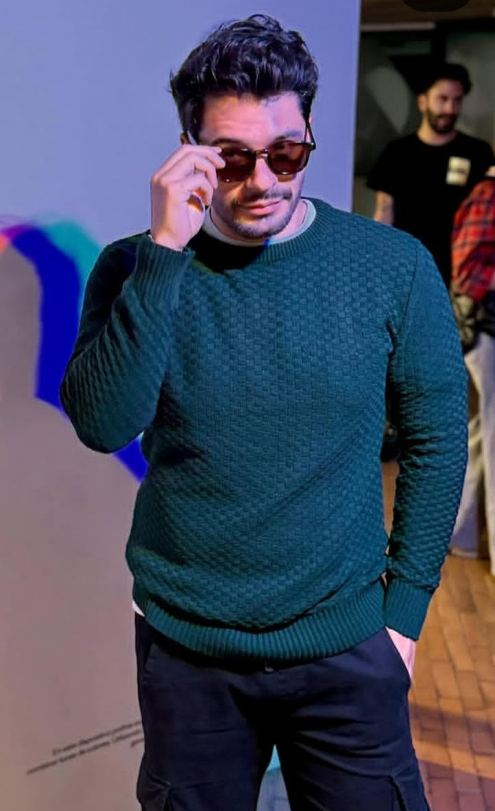 Buzo Cuello Redondo Textura Cuadros